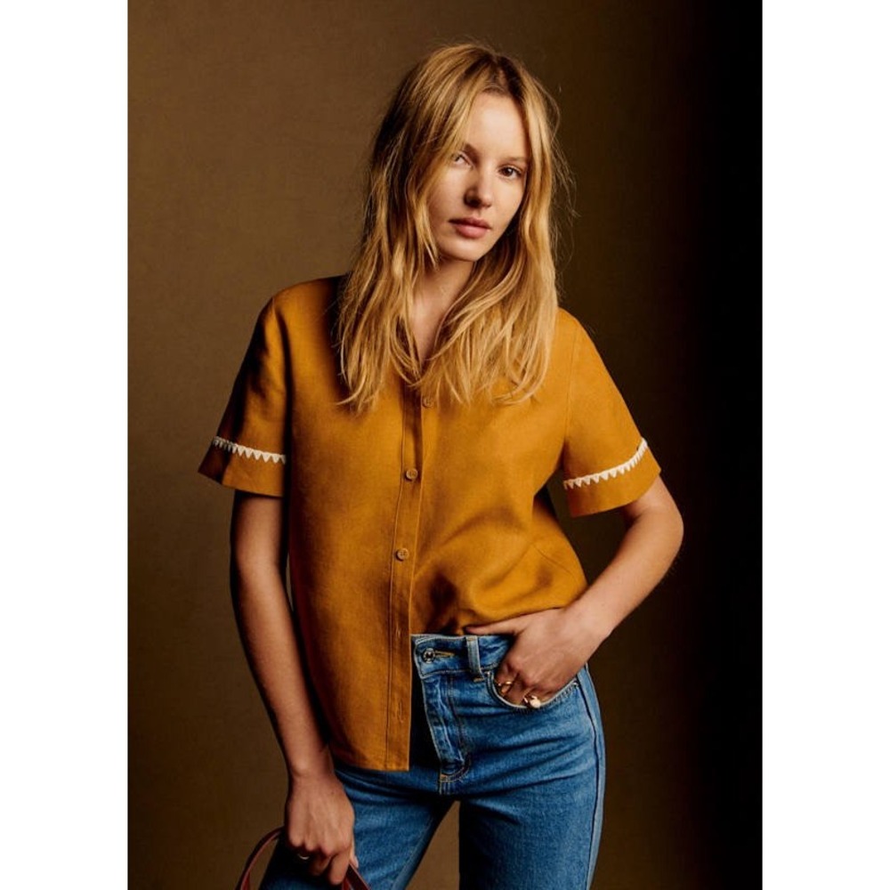 Sezane Mustard Ochre 100% Linen Ric Rac Embroidered Button Down Shirt Size 42 XL
